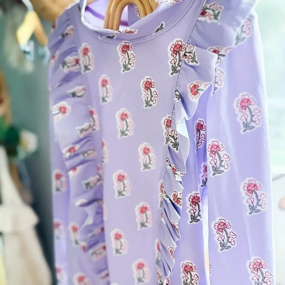 Wildflowers Along the Shore & Tiny Treasures rash guard floral flutter swimsuit